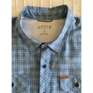 Orvis Mens XL Short Sleeve Button Front Blue Plaid Shirt Camping Hiking Outdoors